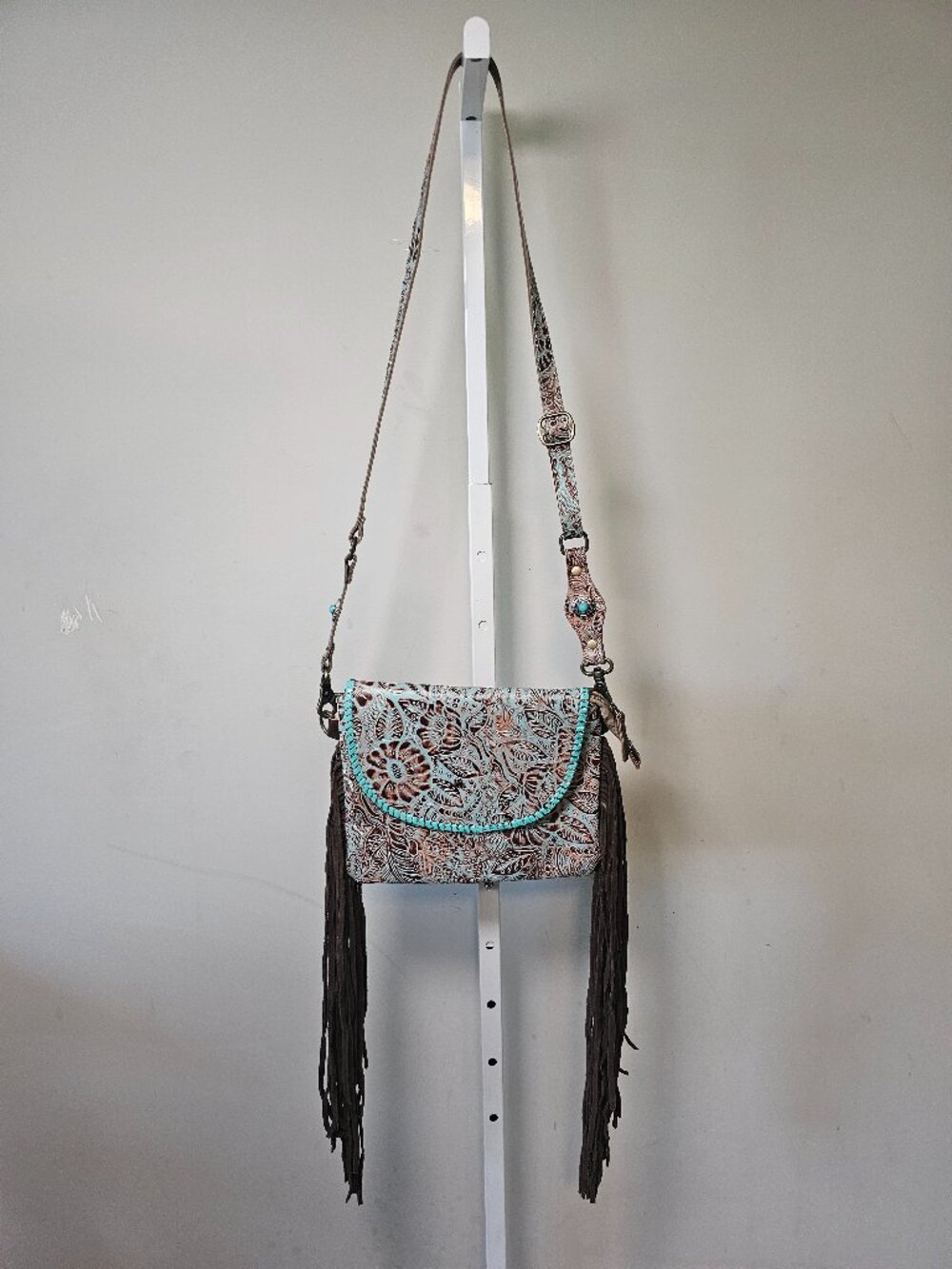 Myra Bag Crossbody Blue Brown Tooled Suede Leather Western